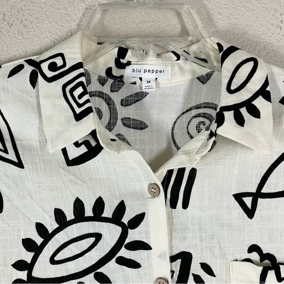 BLU PEPPER Linen Blend Button Up Shirt M Long Sleeve Boho Artsy Resort Vacation - Picture 3 of 13